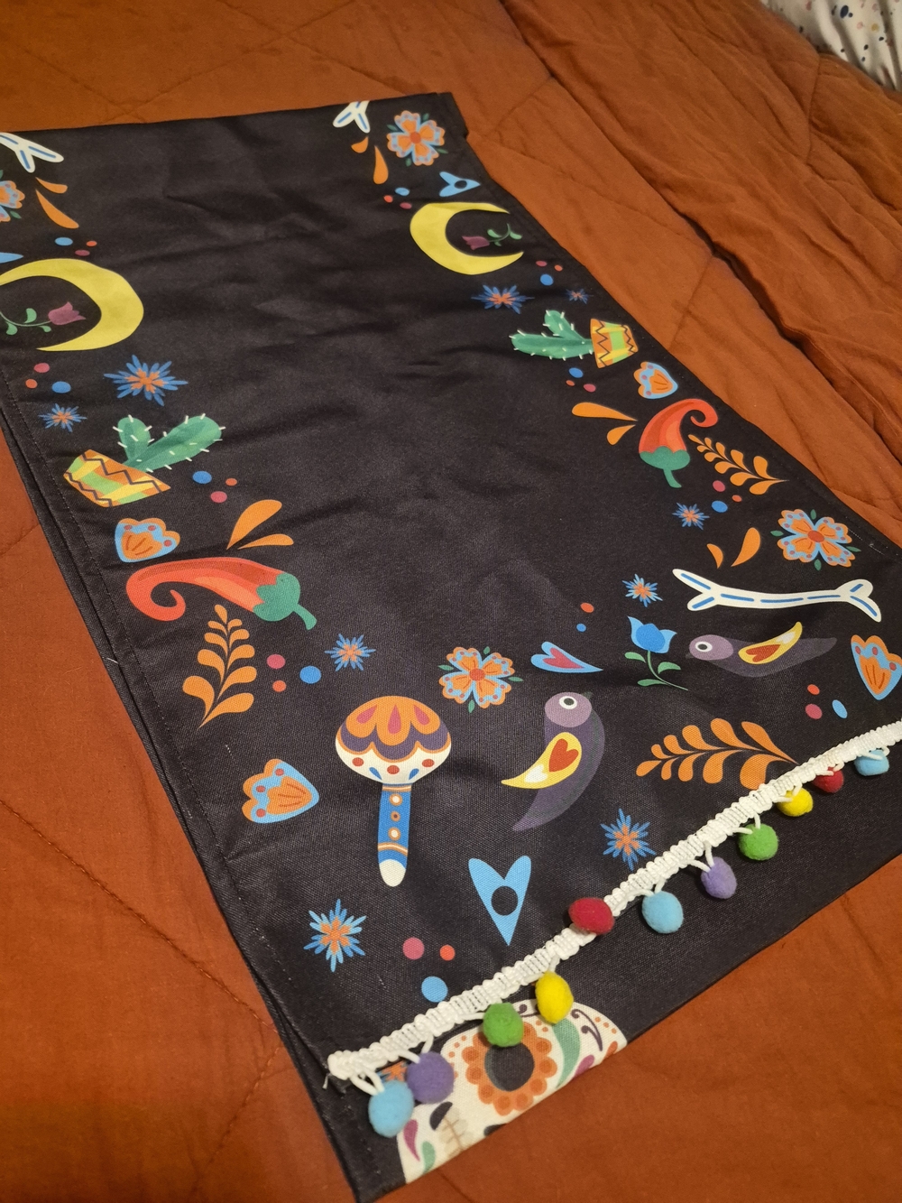 Dia De Muertos Table Runner With Pom-Pom Hem